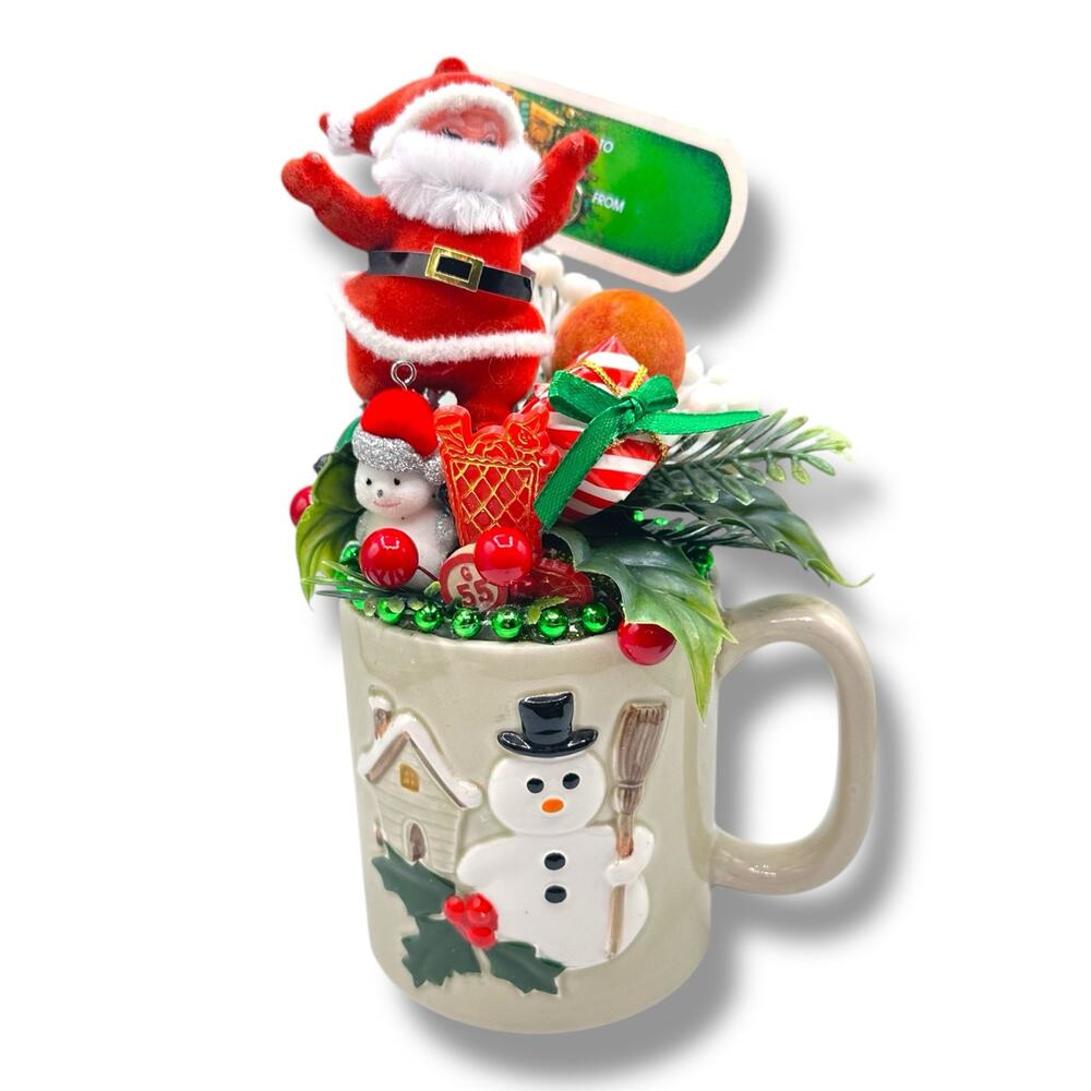 Christmas Assemblage vintage flocked Santa 1980s OTAGIRI mug decor kitschy